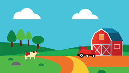 Vector illustration of a vibrant rural farm scene with cows grazing and red barn