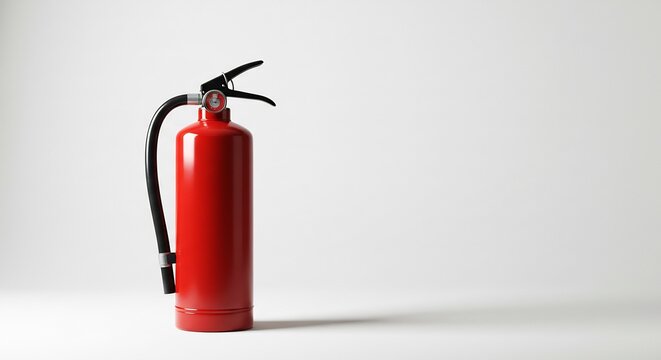 Extincteur rouge vif pose fond blanc lumi�re douce s�curit� incendie. AI Generated