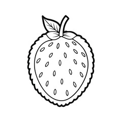 Simple outline drawing of a strawberry with seeds and leafy stem