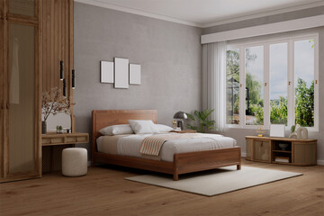 Fototapeta premium Modern Japanese Wooden Bedroom with Warm Natural Light and Minimal Decor