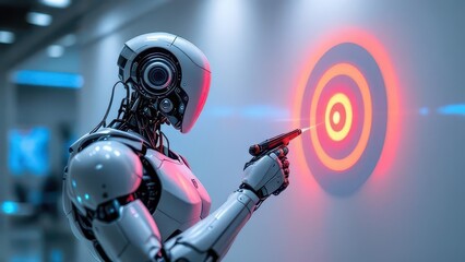 Cybernetic Precision: A sleek android, its chrome form gleaming in the futuristic environment, focuses with cold determination on a target.