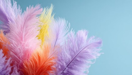 Obraz premium Colorful pastel feathers against a light blue backdrop