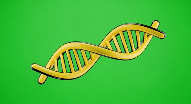 Vibrant 3D DNA strand on green background for science and research concepts