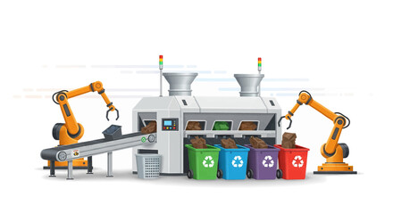 Automated industrial recycling system with robotic arms sorting waste into colored bins, illustrating modern waste management and environmental sustainability processes. Recycling Hub.