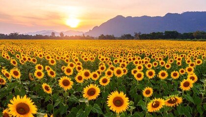 Obraz premium Vast Field of Sunflowers Under a Golden Sunset with Distant Mountains.
