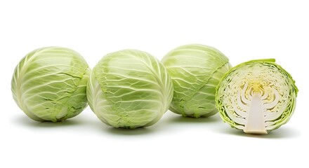 Fresh Green Cabbages: Whole and Halved, Displaying Crisp Layers on a White Background