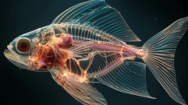 Macro video of bioluminescent deep-sea creature with glowing internal structures. Ethereal light effects, surreal underwater horror fantasy scene.
