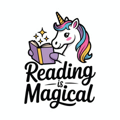 Naklejka premium Cartoon of a unicorn reading a book with the text reading is magical t-shirt design