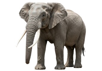 Fototapeta premium Adult Elephant Standing in White Background with Large Ears and Curved Tusks