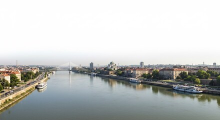Obraz premium Vue panoramique matinale fleuve paisible bateaux architecture urbaine soleil levant doux. AI Generated