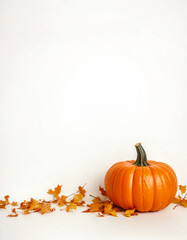 Vibrant orange pumpkin & curled autumn leaves on white. Clean, minimalist fall scene with ample copy space. Perfect for fall themes.