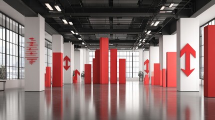 Contemporary office infographic with bold stacked bar graphs and red downward arrows showing financial decline, business performance analysis, market trends, and economic downturn concept