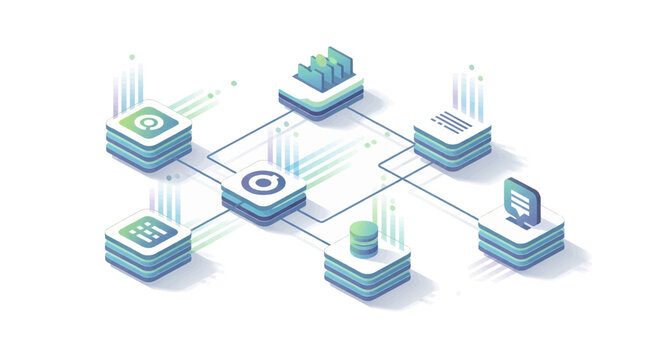 Isometric concept of a decentralized network showing interconnected data processing, storage, and analytics nodes on a futuristic platform. Web3.