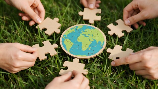Global unity puzzle collaboration for earth day environmental teamwork and solutions - Powered by Adobe