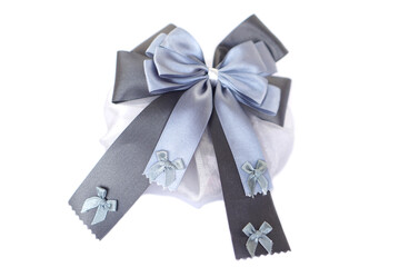 Elegant gray and silver satin hair bow clip with layered ribbons and small decorative bows on white background. Perfect feminine accessory for women’s hairstyle, wedding, party, and fashion styling.  
