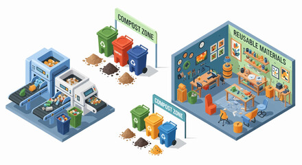 Naklejka premium Waste Recycling Process Isometric Illustration of Sorting, Compacting, and Reusing Materials. Recycling Hub.