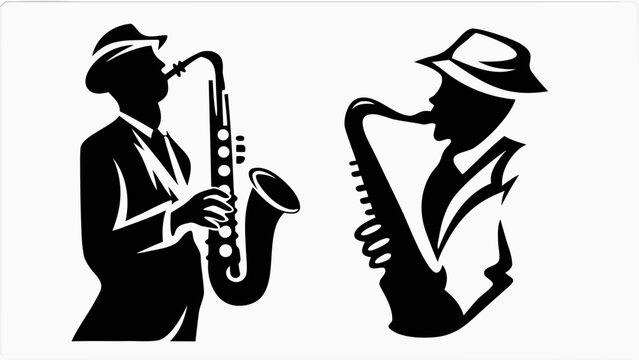 Silhouette illustration of two jazz musicians playing saxophone in black and white style design art