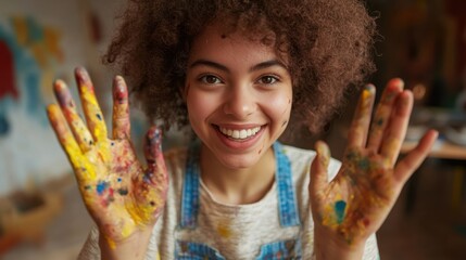 Radiant young artist showcasing paint-covered hands with joyful expression
