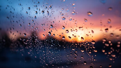 Obraz premium Raindrops on glass, reflecting a colorful sunset.