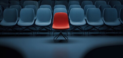 Obraz premium The striking red chair stands out in a sea of blue seats.
