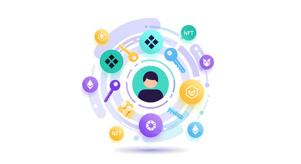Obraz premium Digital Identity and Data Security in a Decentralized Web3 Ecosystem. Abstract concept of a user surrounded by cryptographic keys, non-fungible assets, and protection symbols.
