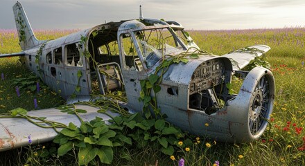 Photo of an abandoned airplane wreck overgrown with vines and wildflowers in a field, symbolizing decay and natures reclamation