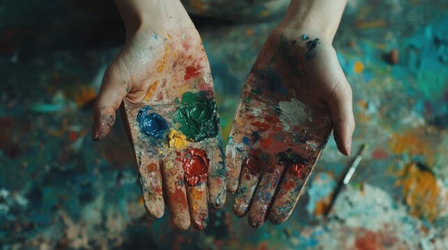 Expressive Artistry: Hands Covered in Vibrant Paint Showcase Creative Process