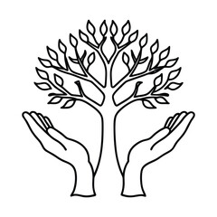 Two open hands gently supporting a stylized tree with many branches and leaves