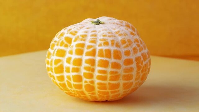 Freshly peeled round orange fruit with visible segments and white pith on a vibrant yellow orange background