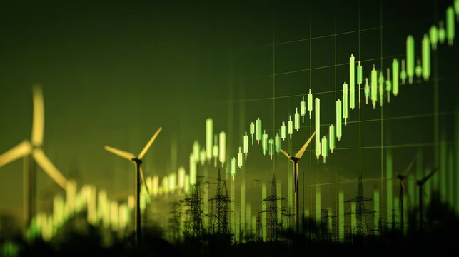 Global rise in electricity prices with renewable energy development, financial investment chart showing stock market growth, business economy trends, and energy market analytics