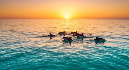 Dauphins joueurs nagent joyeusement au coucher soleil orang� mer turquoise calme. AI Generated
