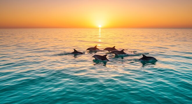 Dauphins joueurs nagent joyeusement au coucher soleil orang� mer turquoise calme. AI Generated