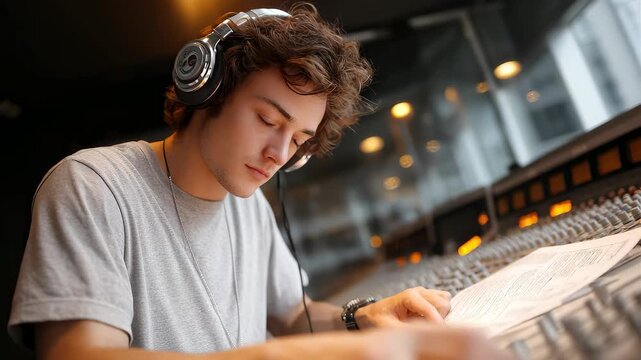 Focused Musician Adjusting Audio in Recording Studio