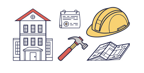 Construction icons set on white background, stock vector