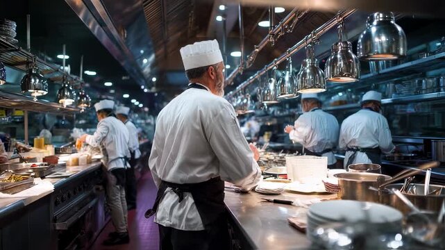 Behindthescenes view of executive chef managing kitchen operations directing team workflow during peak dinner service in a prestigious finedining venue.