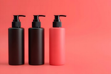 Three pump bottles, two black, one coral, on pink background