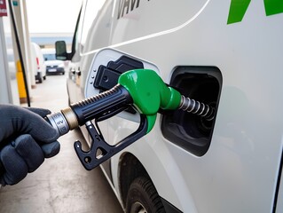 Close-up ultra sharp HVO nozzle fueling city delivery van at depot, daylight realistic