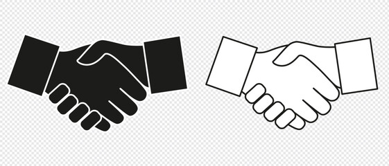 Hand shake logo icon transparent png. shaking hands in silhouette and outline styles. vector set.  Handshake icon black and white. Business handshake thin line vector icon. 