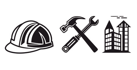 Construction icons set on white background, stock vector