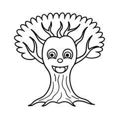 Whimsical cartoon tree with a friendly face and spiky leaves