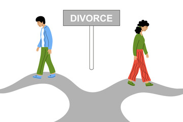 The illustration symbolizes the process of separation and divorce. Two people walk in opposite directions along a branching road under a 'DIVORCE' sign.