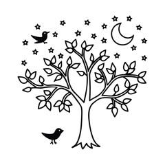 Whimsical night scene with a stylized tree crescent moon and two birds