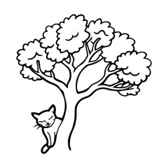 Whimsical black and white drawing of a cat peeking from behind a leafy tree