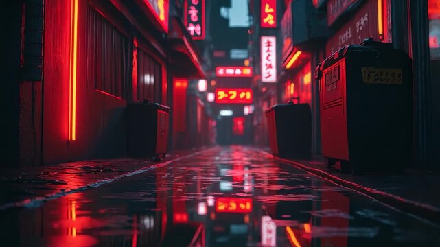 Moody urban alley with glowing red neon signs reflecting on wet pavement in futuristic city street illuminated by vibrant night lights