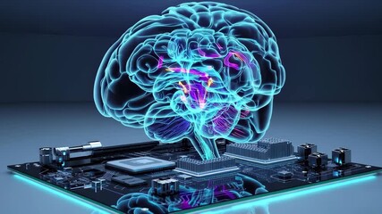 Futuristic brain integrated with advanced technology in computer motherboard, AI learning, neurotechnology, data transfer, innovation - Powered by Adobe