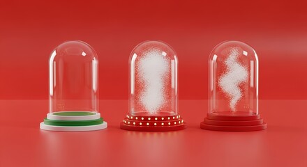 Three glass domes display swirling white particles one empty against a solid red background Swirling particles White powder Empty dome 3D render Abstract