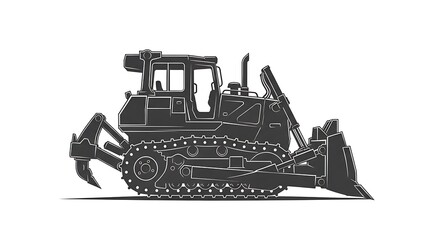 Detailed Black and White Illustration of a Powerful Bulldozer on White Background
