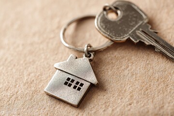 a house key with house shape keychain attached