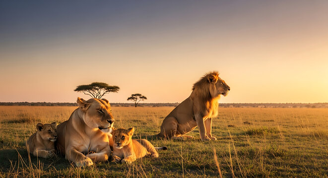 A majestic lion pride, including a male, female, and two cubs, rests in the golden light of a savanna sunset with acacia trees in the distance.