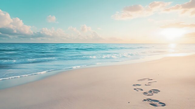 Beautiful sandy beach view with footprints near ocean high resolution picture